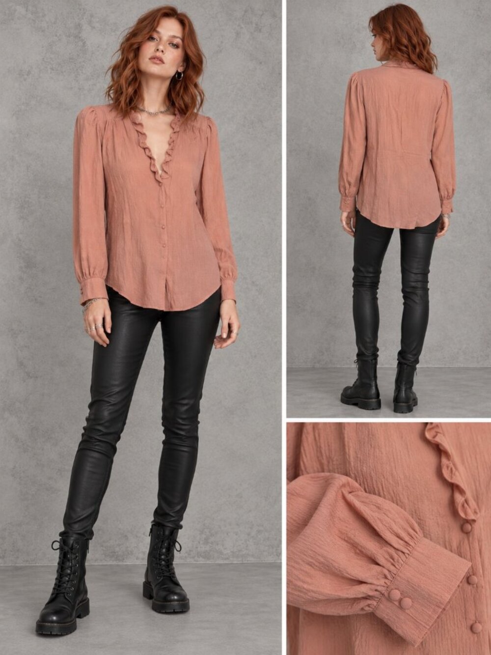 ba&sh UNIT Dusty Rose Ruffle V Neck Button Front Long Sleeve Blouse XS